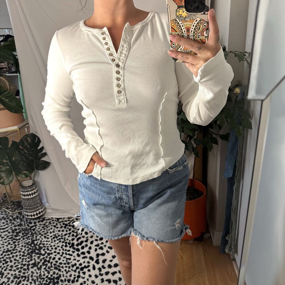 Free People White Henley Rib Knit Long Sleeve Top Size XS